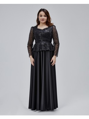 Asees Orta Beden Kalp Yaka Peplum Detaylı Uzun Abiye Elbise