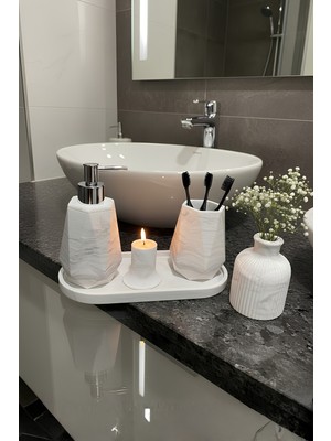 Feyza Design Şık Mermer Dokulu 5 Parça Banyo Seti: Sabunluk, Fırçalık, Tepsi, Mumluk, Vazo