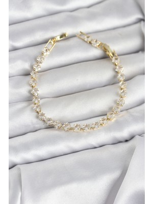 Hkursat Kare Zirkon Taşlı Gold Renk Pirinç Su Yolu Kadın Bileklik