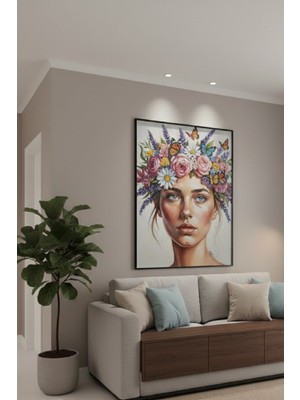 Safir Design Bahar Esintili Çiçek Taçlı Kadın Portresi Çerçeveli Tablo Modern Duvar Sanatı