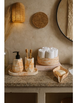 Feyza Design Şık Mermer Desenli Geometrik Banyo Seti, Sabunluk, Diş Fırçalık ve Havluluk