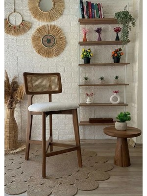 Silla Concept Zion Bar Sandalyesi Teddy Krem Kumaş Hasırlı Ceviz Ahşap Ada Sandalye