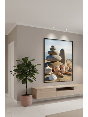 Safir Design Deniz Kabukları ve Dengelenmiş Zen Taşları Temalı Çerçeveli Tablo