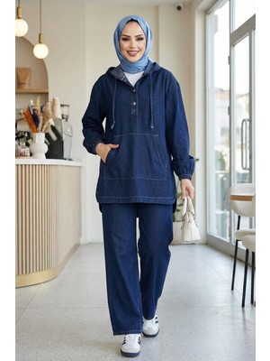 Kadın Kapüşonlu, Düğmeli ve Cepli Koyu Kot Mavi Tunik Pantolon Ikili Takım