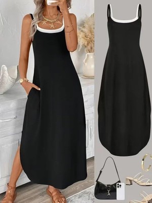 Mareandpanda Kadın Ip Askılı Yuvarlak Yakalı Cepli Uzun Viskon Elbise