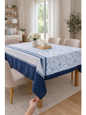 Rona Home Lacivert Mavi Çiçekli Leke Tutmaz Kaliteli Premium Kumaş Mutfak Yemek Masası Örtüsü Şık Sofra