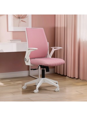 Alisa Beyaz Plastik Ayaklı Hareketli Kollu Çalışma Koltuğu (Pembe Lakos Kumaş)