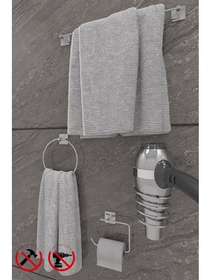 Feyza Design Şık Kare Krom 4'lü Banyo Seti: Havluluk, Kağıtlık, Fön Askısı
