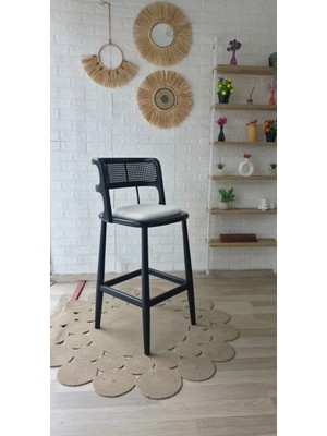 Silla Concept Odin Bar Sandalyesi Teddy Krem Kumaş Hasırlı Siyah Ahşap Ada Sandalye