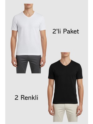 Balkonda Erkek V Yaka Tişört Pamuklu 2'li Paket 2 Renk Esnek Slim Fit - Ceylanoğlu
