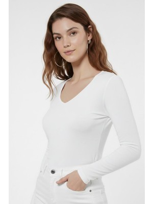 Hakke Kadın V Yaka Transparan Uzun Kollu Bluz