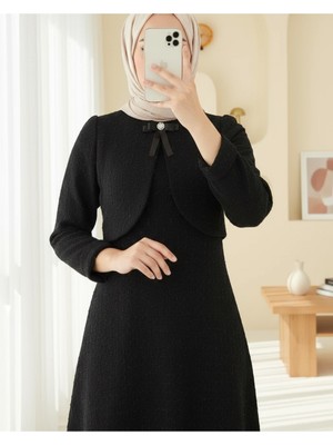 Modamorfo Ceket Detaylı Simli Broşlu Elbise  -Siyah