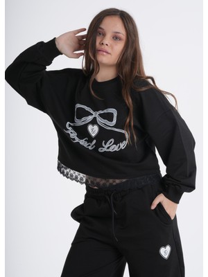 Haykids Kız Çocuk Dantel Detaylı Bol Paça Alt Üst Eşofman Takımı Siyah-8 Yaş