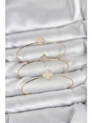 Hkursat Gold Renk Yonca Model Zirkon Taşlı 3'lü Kadın Bileklik Kombini