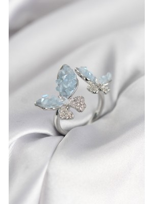 Ayder Timya Gümüş Renk Mavi Kelebek Model Zirkon Taşlı Kadın Yüzük - TJ-BYK3945 TG/Tmy230186
