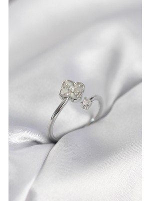 Ayder Timya Gümüş Renk Zirkon Taşlı Yonca Model Kadın Yüzük - TJ-BYK4006 TG/Tmy230247