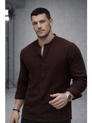 Valiberta Hafif ve Nefes Alabilir Erkek Müslin Yarım Pat Hakim Yaka Oversize Gömlek - Kahve