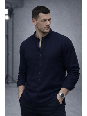 Valiberta Hafif ve Nefes Alabilir Erkek Müslin Yarım Pat Hakim Yaka Oversize Gömlek - Lacivert