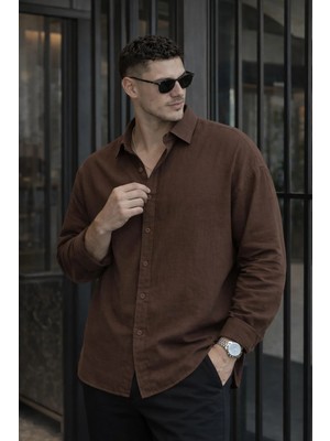 Valiberta Nefes Alabilir Yarım Oversize Müslin Kumaş Uzun Kol Yakalı Erkek Gömlek - Kahve