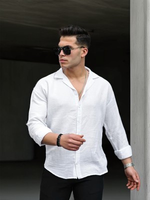 Valiberta Apaş Yaka  Oversize Müslin Kumaş Gömlek - Beyaz