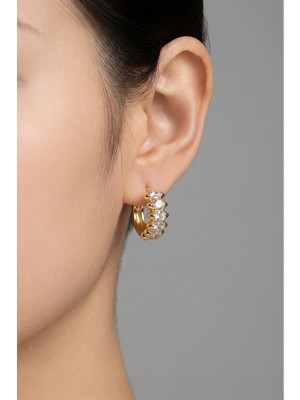 Lykos Kararmaz Gold Çelik Zirkon Taşlı Huggie Küpe - Kalın Sıra Taşlı Şık Halka