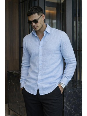 Valiberta Nefes Alabilir Yarım Oversize Müslin Kumaş Uzun Kol Yakalı Erkek Gömlek - Buz Mavi