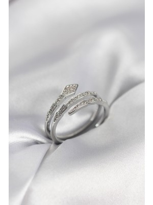 Ayder Timya Yılan Model Gümüş Renk Zirkon Taşlı Kadın Yüzük - TJ-BYK3980 TG/Tmy230221