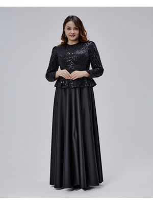 Asees Orta Beden Peplum Detaylı Tesettür Abiye Elbise