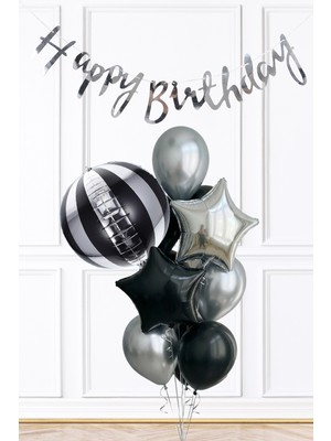 Pekshop Siyah ve Gümüş Tema Doğum Günü Süsleme Seti Bannerlı Balon Paketi SET261