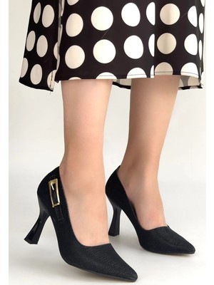 Mesga Butik Cerin Siyah Saten Simli Topuklu Ayakkabı