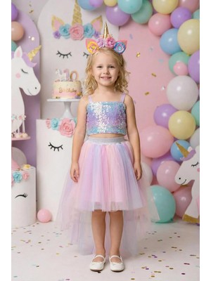 Kız Çocuk Unicorn Temalı Payetli Crop Kuyruklu Tütü Etek Ikili Takım 3-7 Yaş