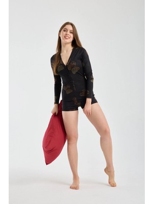 Win Moda Kadın Uzun Kol Basklı Düğmeli Hello Kitiy ve Ayı Desenli  Esnek Kumaş Pijama Tulum