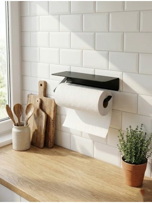 Novacraft Metal Modern Raflı Rulo Kağıt Askılığı , 2mm Lazer Kesim Siyah Statik Toz Boyalı Banyo Ve Mutfak Düzenleyici
