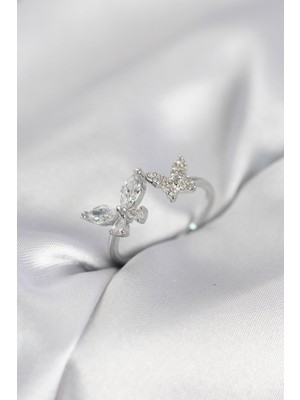 Ayder Timya Kelebek Model Zirkon Taşlı Gümüş Renk Kadın Yüzük - TJ-BYK4077 TG/Tmy230317