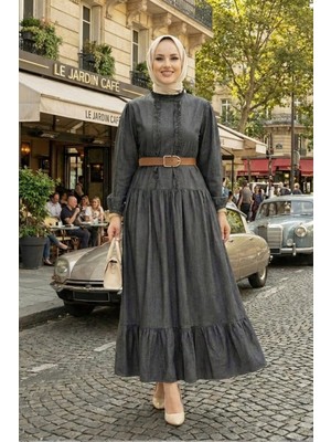 Kadın Fırfır Detaylı Düğmeli Kemerli  Kot Siyah Elbise