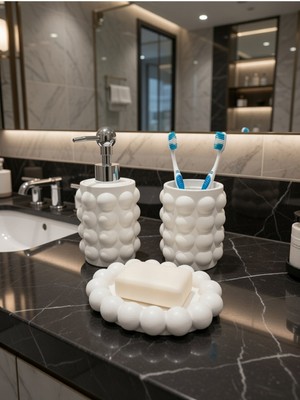 Feyza Design Renkli Banyo Seti 3'lü: Sıvı Sabunluk, Diş Fırçalık, Katı Sabunluk