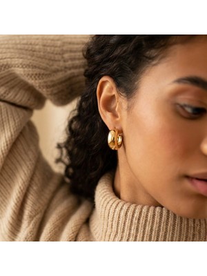 Lykos Kadın Gold Çelik Kalın Halka Küpe - Kararmaz Bombeli Vintage Model