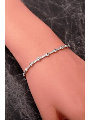 Sümer Telkari Rodyumlu 925 Ayar Gümüş Taşlı Zincir Bileklik 4916