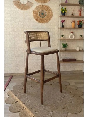 Silla Concept Odin Bar Sandalyesi Teddy Krem Kumaş Hasırlı Ceviz Ahşap Ada Sandalye