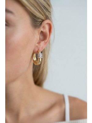 Lykos Gold Çelik Zirkon Sıra Taşlı Halka Küpe - Modern Lüks Chunky Tasarım