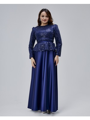 Asees Orta Beden Peplum Detaylı Tesettür Abiye Elbise