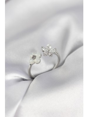 Ayder Timya Gümüş Renk Sedefli Çiçek Model Kadın Yüzük - TJ-BYK3982 TG/Tmy230223
