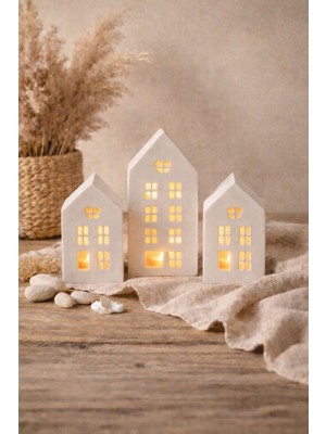 AkanArt Studio 3’lü Ev Şeklinde Beyaz Dekoratif Mumluk Seti – El Yapımı Modern Tasarım