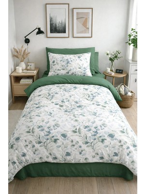 Tek Kişilik Lastikli Çarşaflı Nevresim Takımı Okaliptus Yeşil