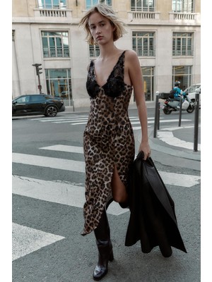 Allbucks Zara, Hayvan Desenli Dantel Midi Elbise ABZRA3765