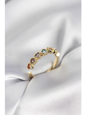 Ayder Timya Gold Renk Kalp Model Renkli Zirkon Taşlı Kadın Yüzük - TJ-BYK3963 TG/Tmy230204