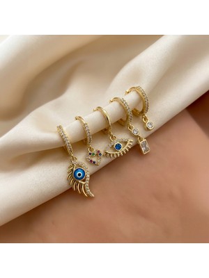 Lykos Gold Çelik 5'li Kombin Küpe Seti - Mavi Taşlı Nazar ve Yıldız Figürlü Set