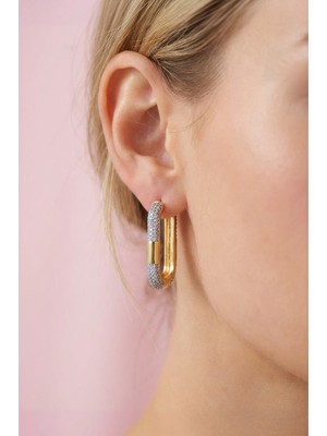 Lykos Kararmaz Gold Çelik Zirkon Taşlı Kalın U Halka Küpe - Işıltılı Modern Stil