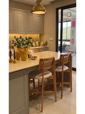 Silla Concept 4'lü Zion Bar Sandalyesi Teddy Krem Kumaş Hasırlı Naturel Ahşap Ada Sandalyesi (4 Adet)