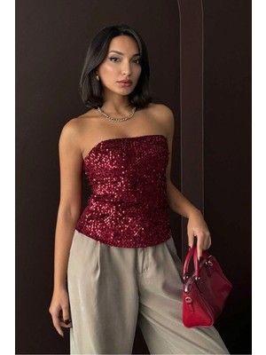 Caddebostan Moda Bordo Straplez Pullu Arkadan Fermuarlı Bluz Modern Premium Luxury Trend Tasarım Bluz